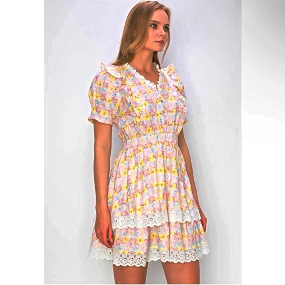 Melloday Lace Trim Ruffle Floral Mini Dress